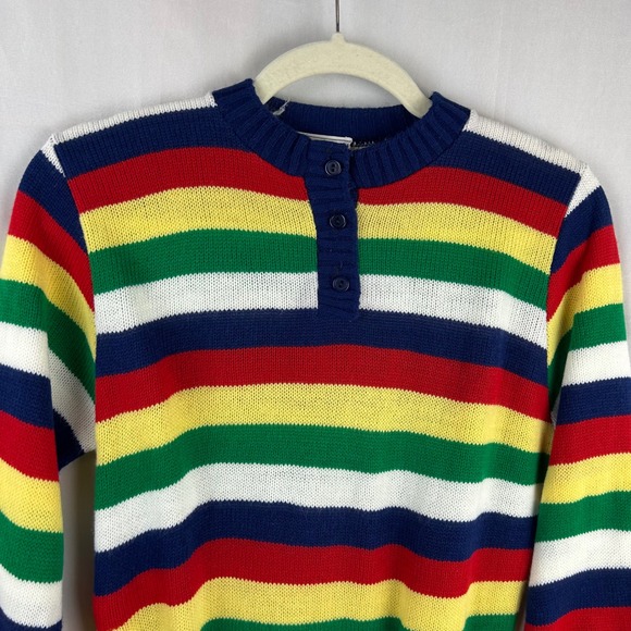 Kate Collins Vintage 80s Striped Henley Sweater Women Small Primary Retro USA - Picture 3 of 6